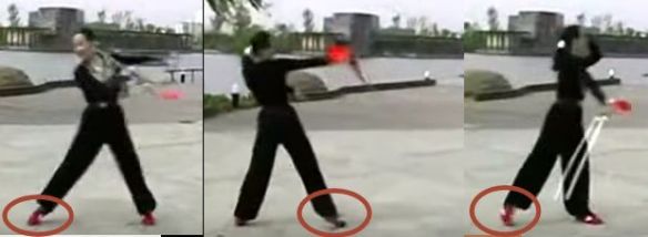 The right foot does not move as she steps around left, left, left.